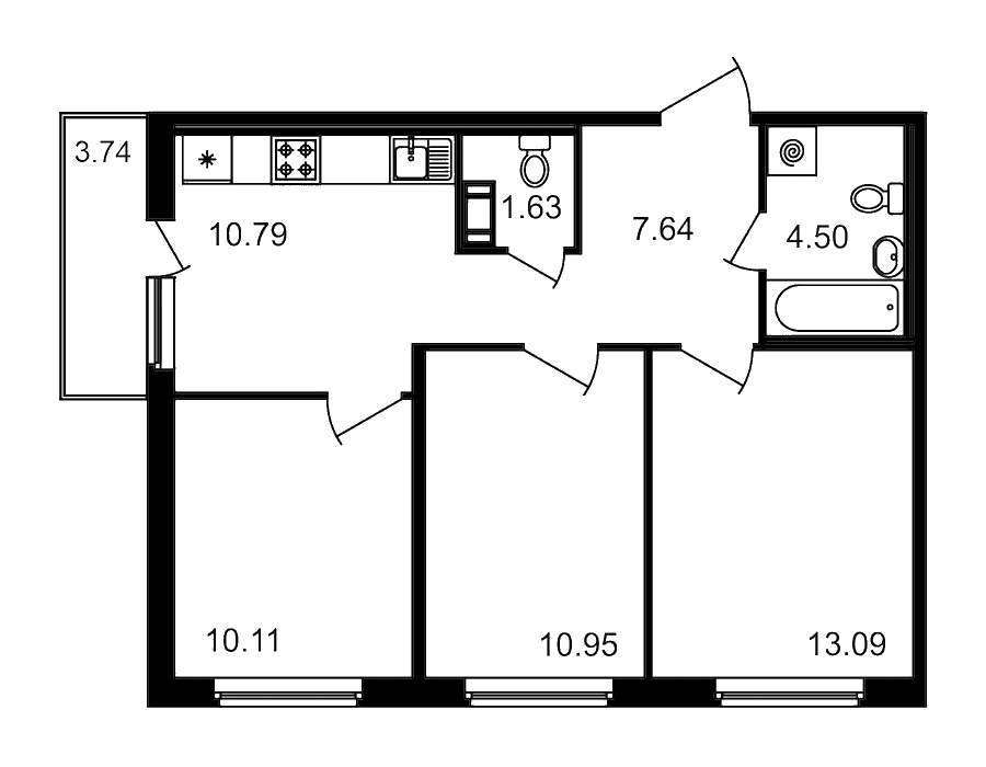 3-комнатная квартира 58.71 м², 15/15 эт., ЖК «Новые горизонты»